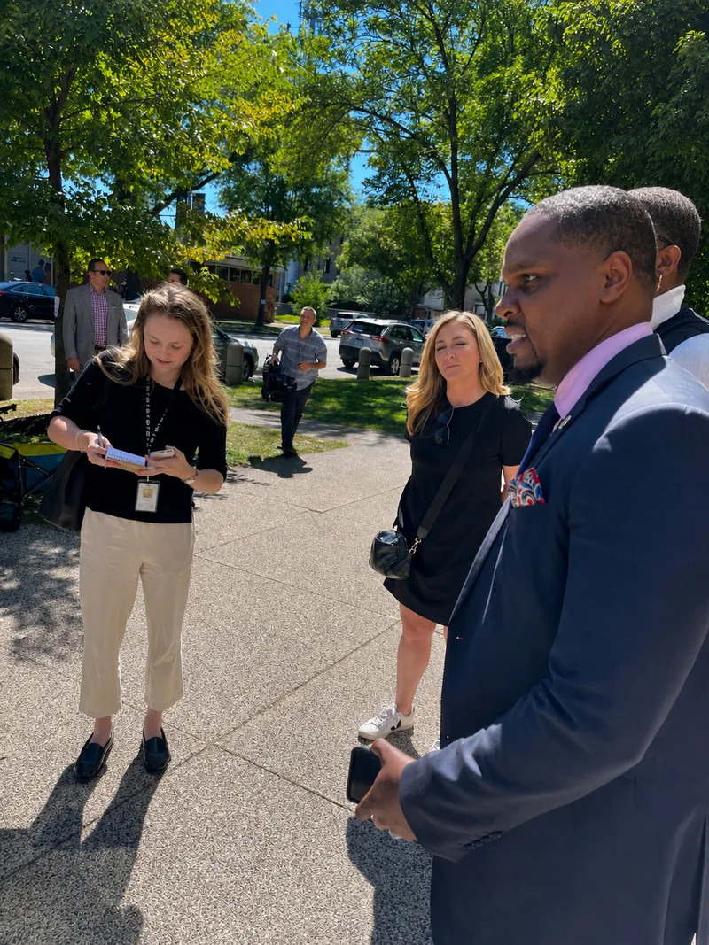 Anthony Hargrove speaking with adults during an outdoor gathering.